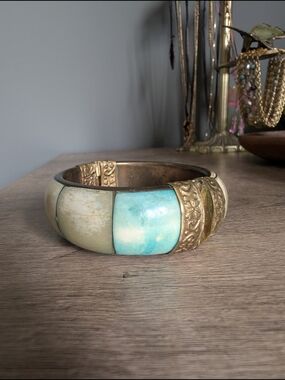 Vintage Gold-Tone Bangle with Turquoise and Cream Inlay